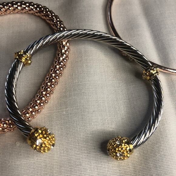 Vintage Lot of 3 Bracelets Gold, Silver, Copper Rhinestones Bangles - Picture 2 of 11